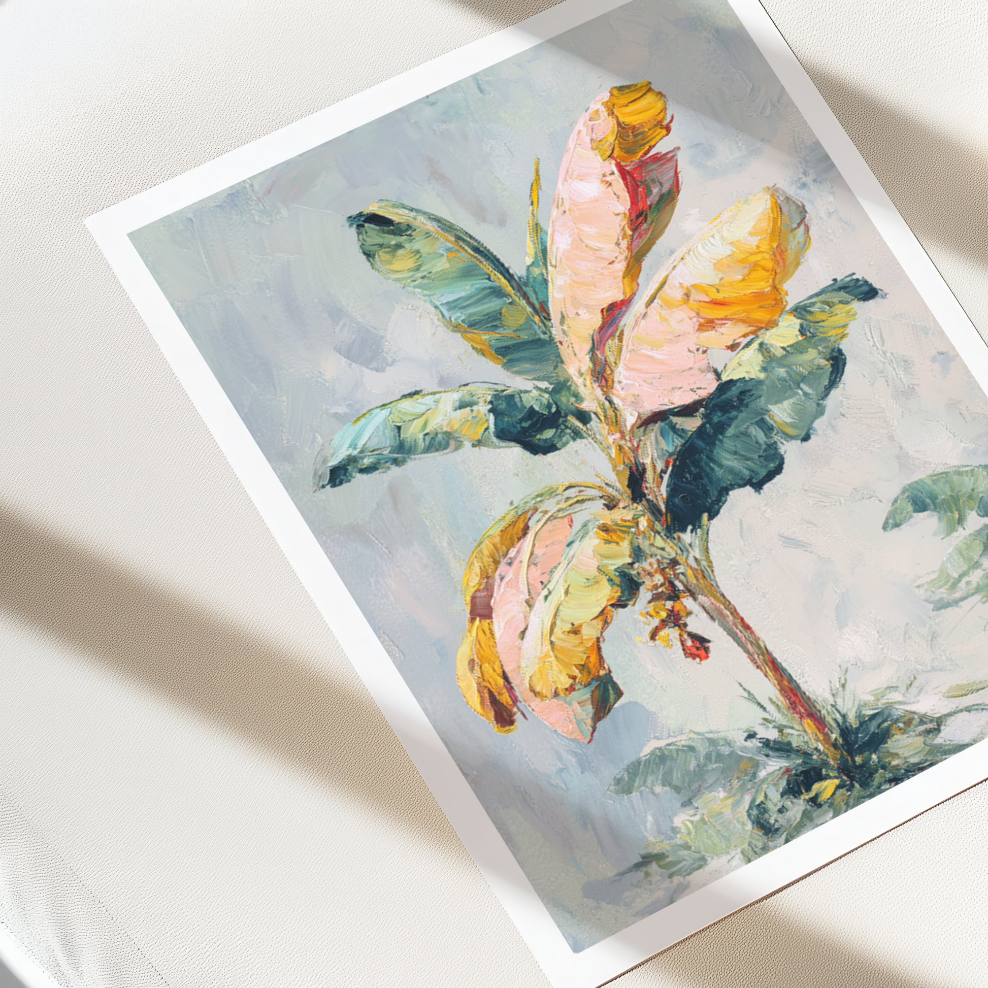 Colorful painting painting of a tropical plant on a light background