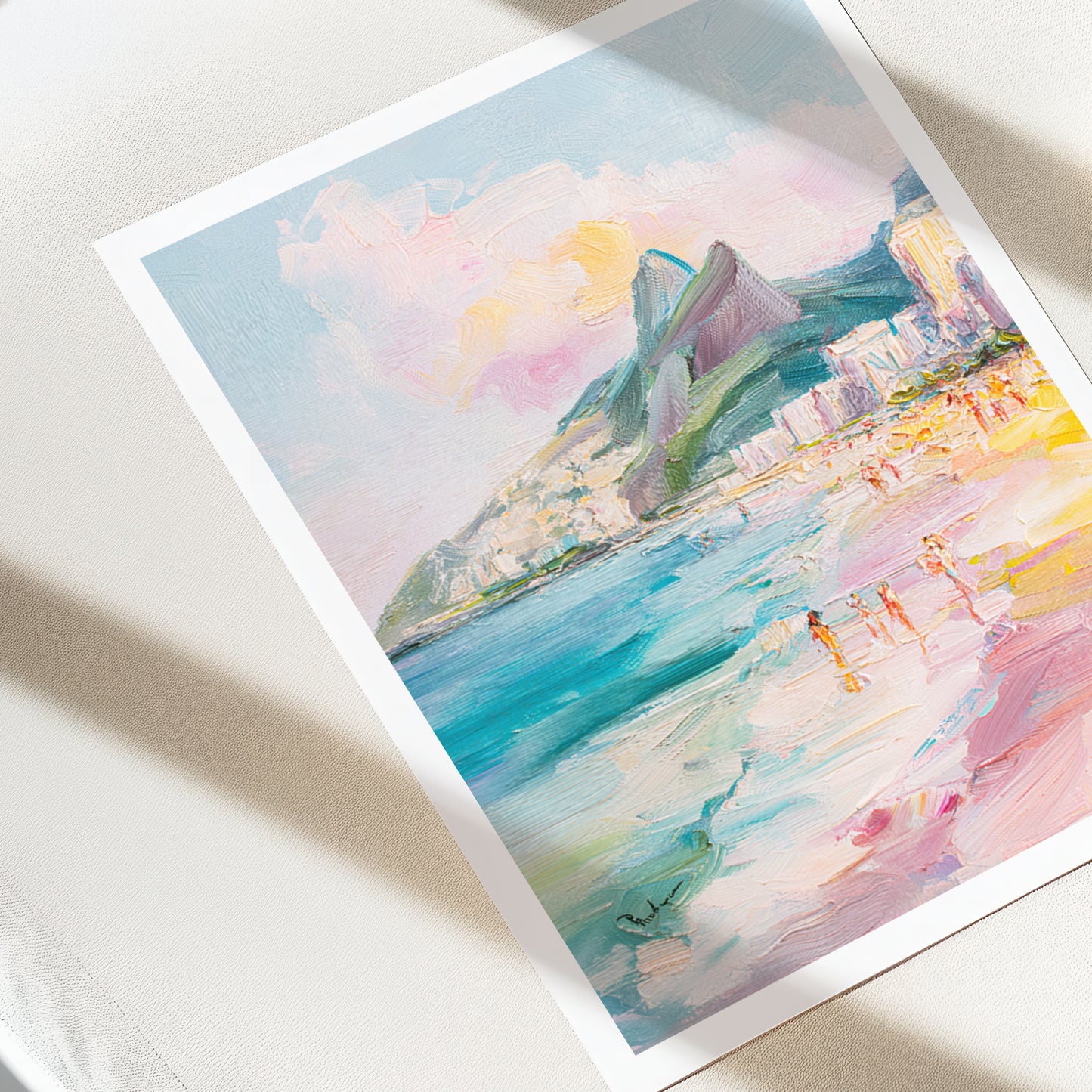 Colorful watercolor painting of a coastal scene with mountains and people on a white surface arpoador rio de janeiro brazil 