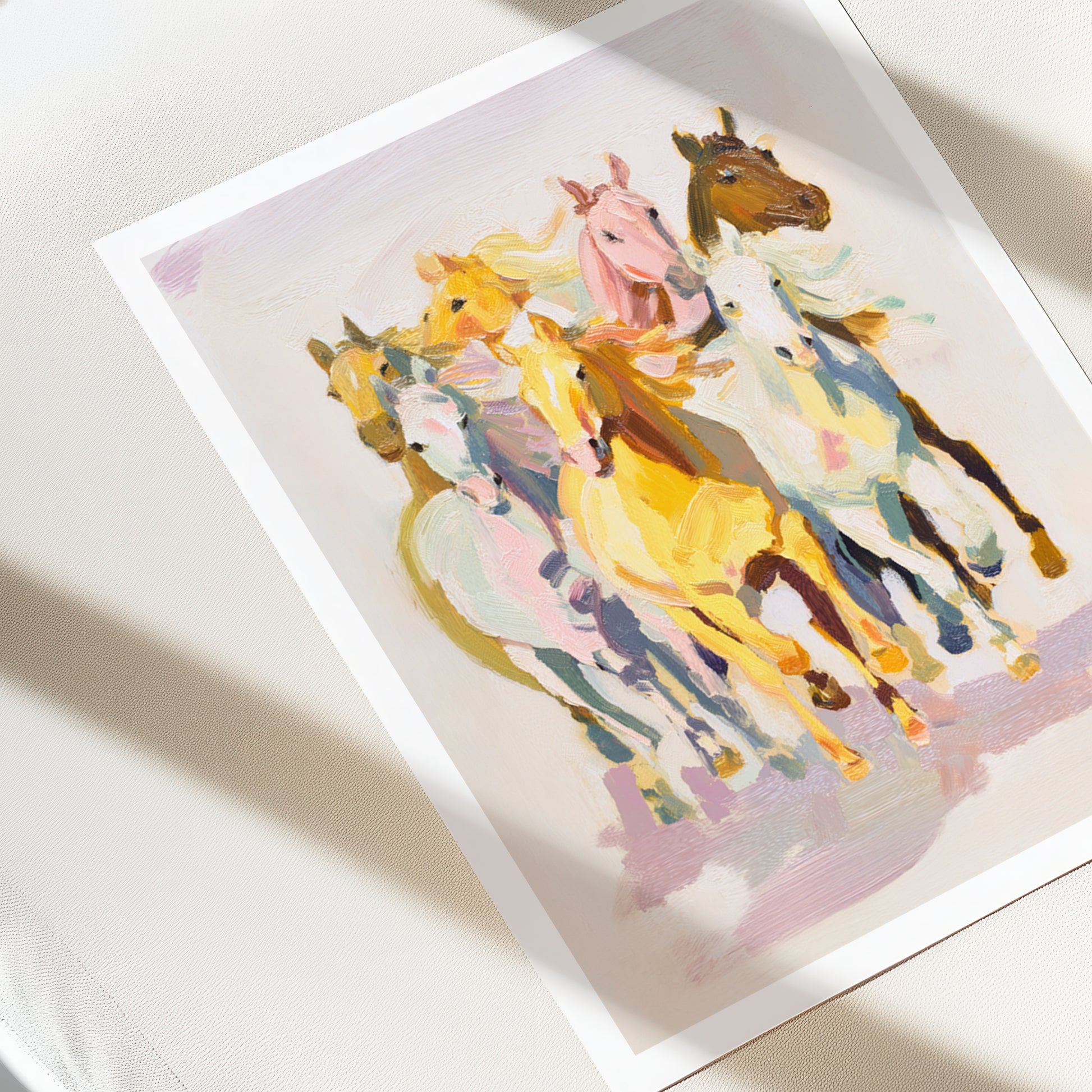 Colorful watercolor painting of horses on a white background