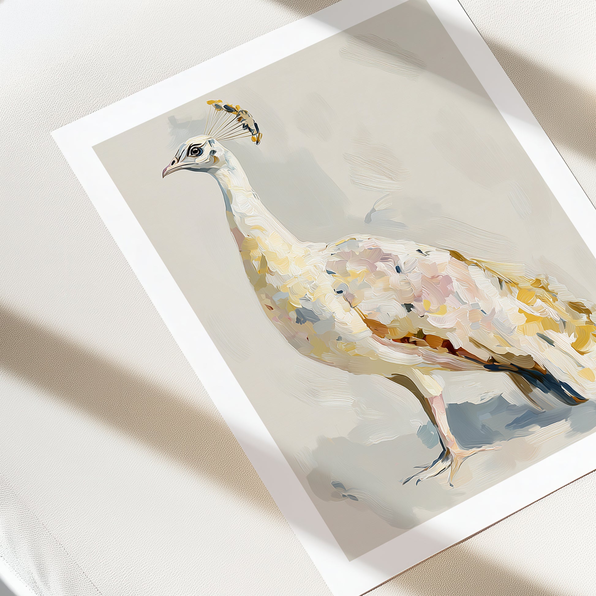 Framed watercolor painting of a peacock on a light background