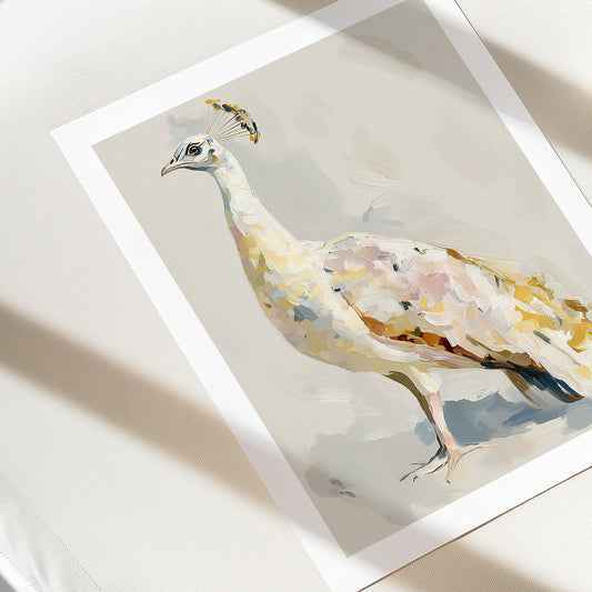Framed watercolor painting of a peacock on a light background