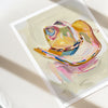 Colorful abstract painting of a teacup and saucer on a light background