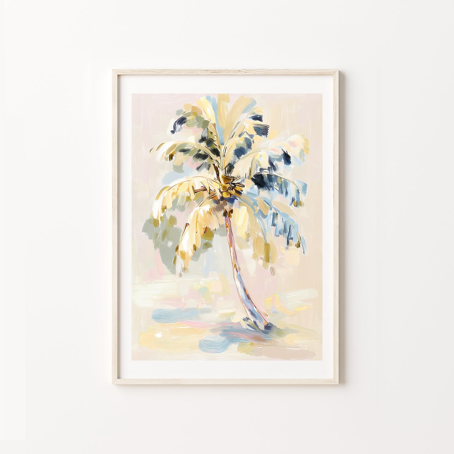 Framed artwork of a palm tree with abstract design on a white wall