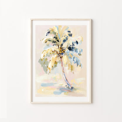 Framed artwork of a palm tree with abstract design on a white wall