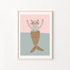 Framed artwork of a cat with a mermaid tail on a pink and blue background