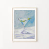 blue painting of a martini glass with olives on a textured surface