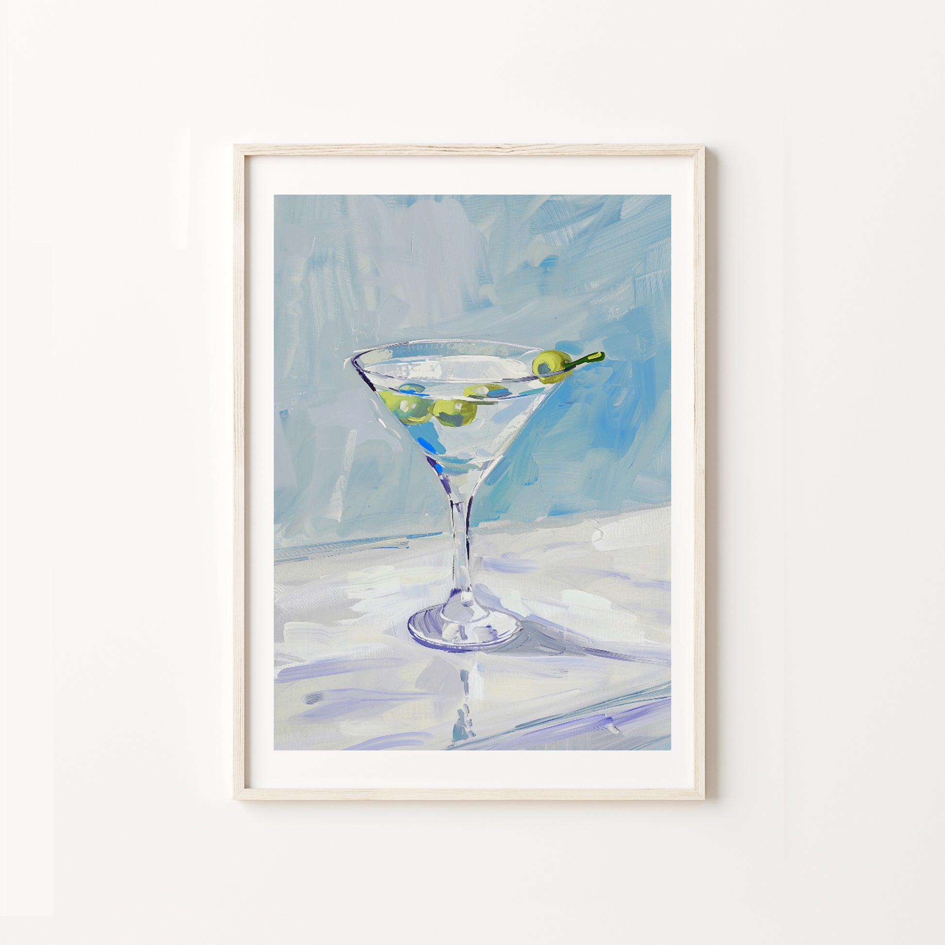 blue painting of a martini glass with olives on a textured surface