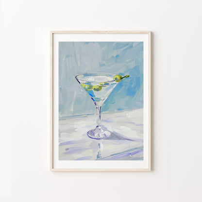 blue painting of a martini glass with olives on a textured surface