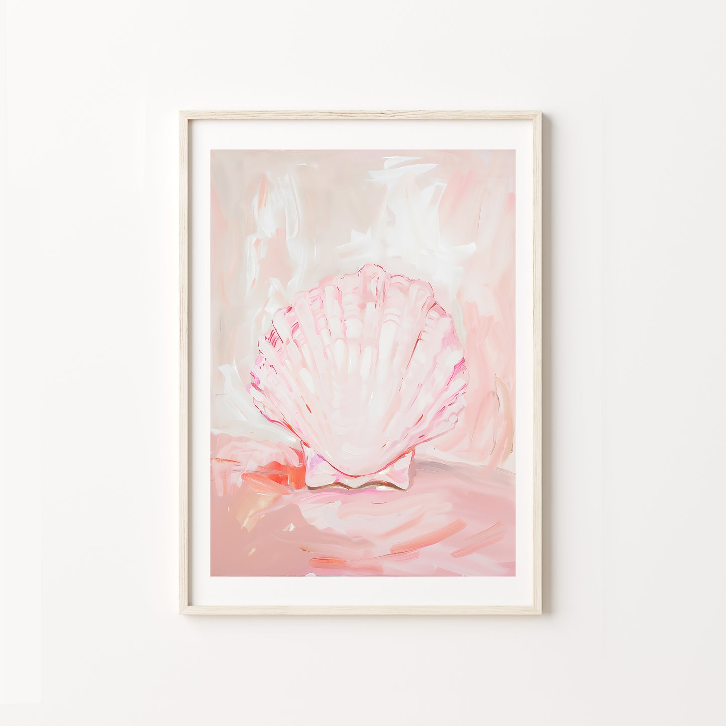 Framed artwork of a pink shell on a white background