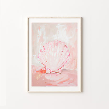Framed artwork of a pink shell on a white background