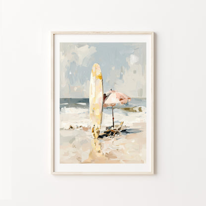 Framed artwork of a beach scene with a flamingo and surfboard on a white wall.