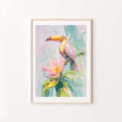 Framed artwork of a toucan on a branch with leaves and flowers on a white background