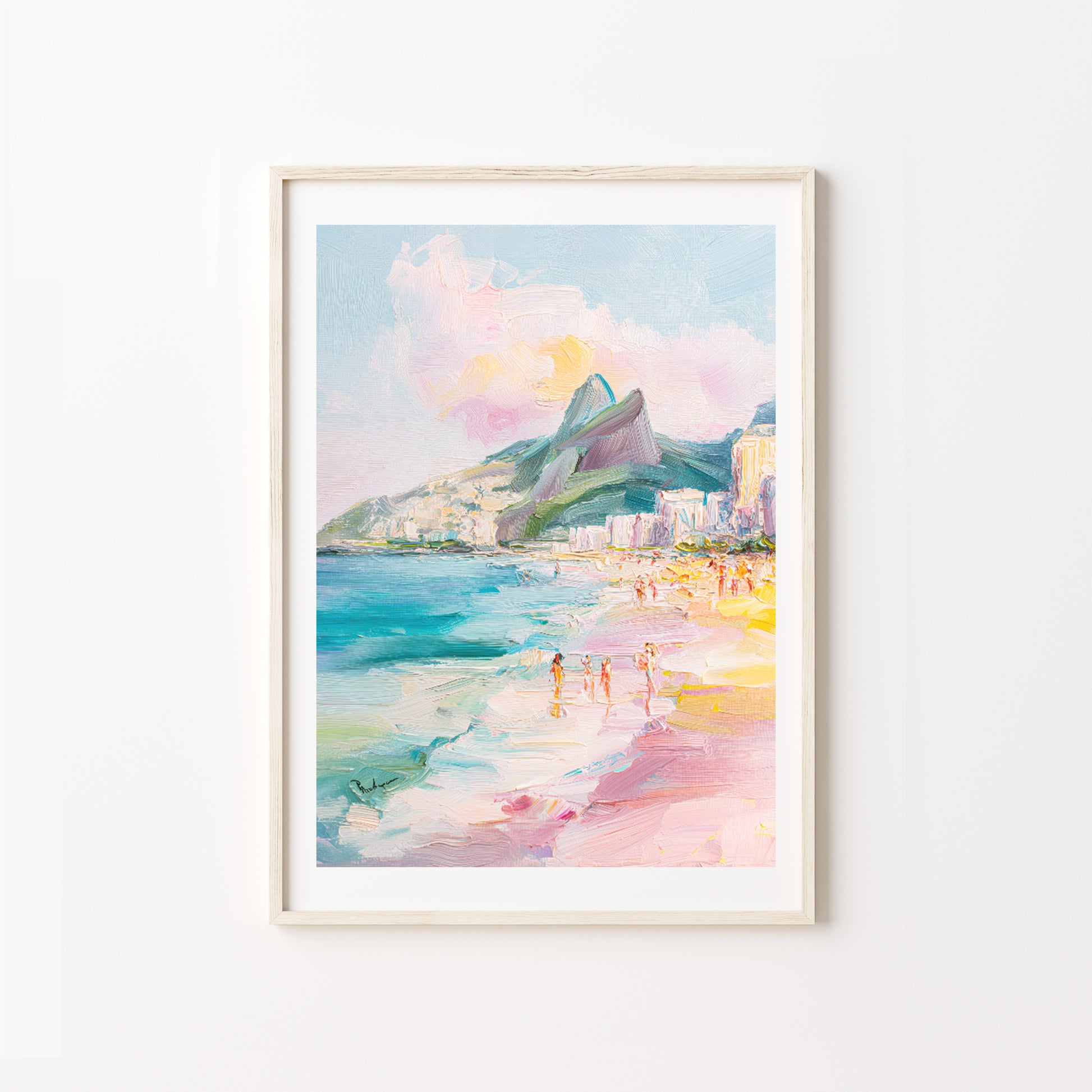 Framed watercolor painting of a beach scene with mountains on a white wall arpoador rio de janeiro brazil 