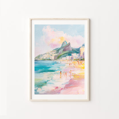 Framed watercolor painting of a beach scene with mountains on a white wall arpoador rio de janeiro brazil 