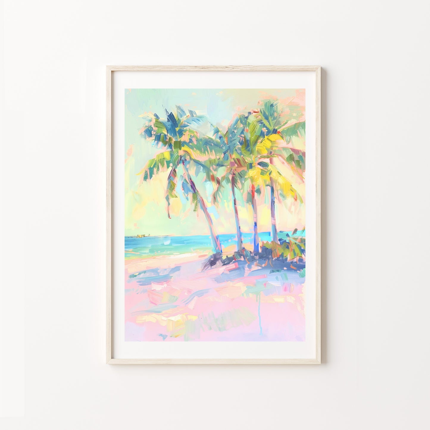 Framed artwork of a tropical beach scene with palm trees on a white wall.