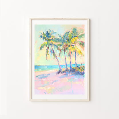 Framed artwork of a tropical beach scene with palm trees on a white wall.