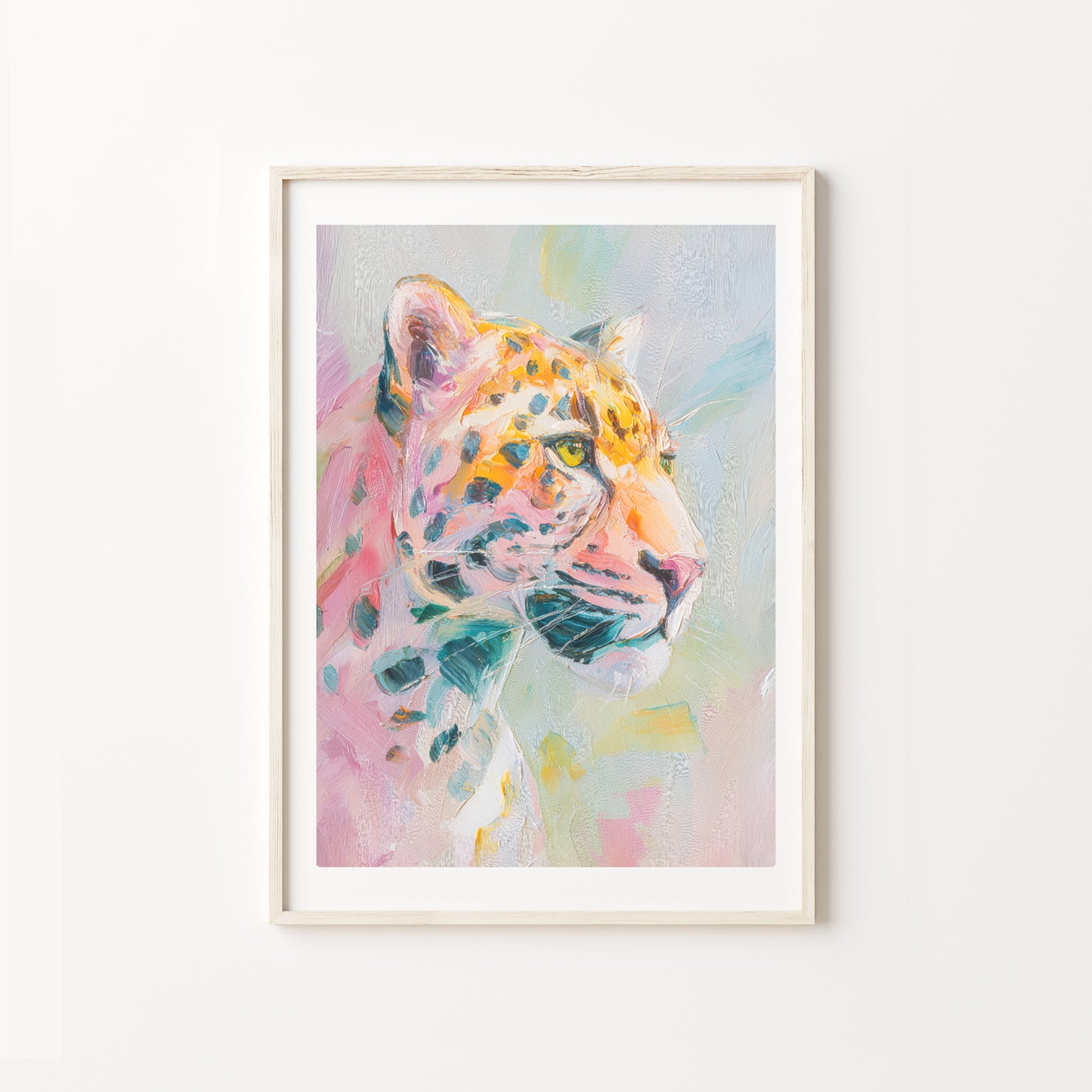 Framed watercolor painting of a leopard on a white wall - tropical forest