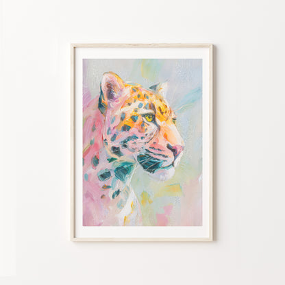 Framed watercolor painting of a leopard on a white wall - tropical forest