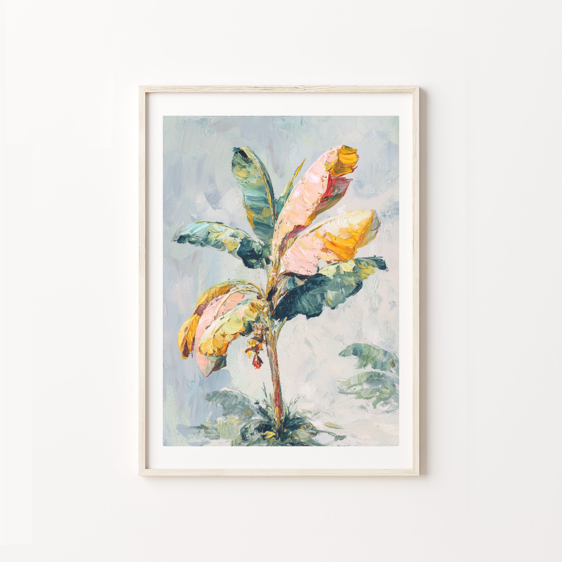 Framed watercolor painting of a floral branch on a white wall