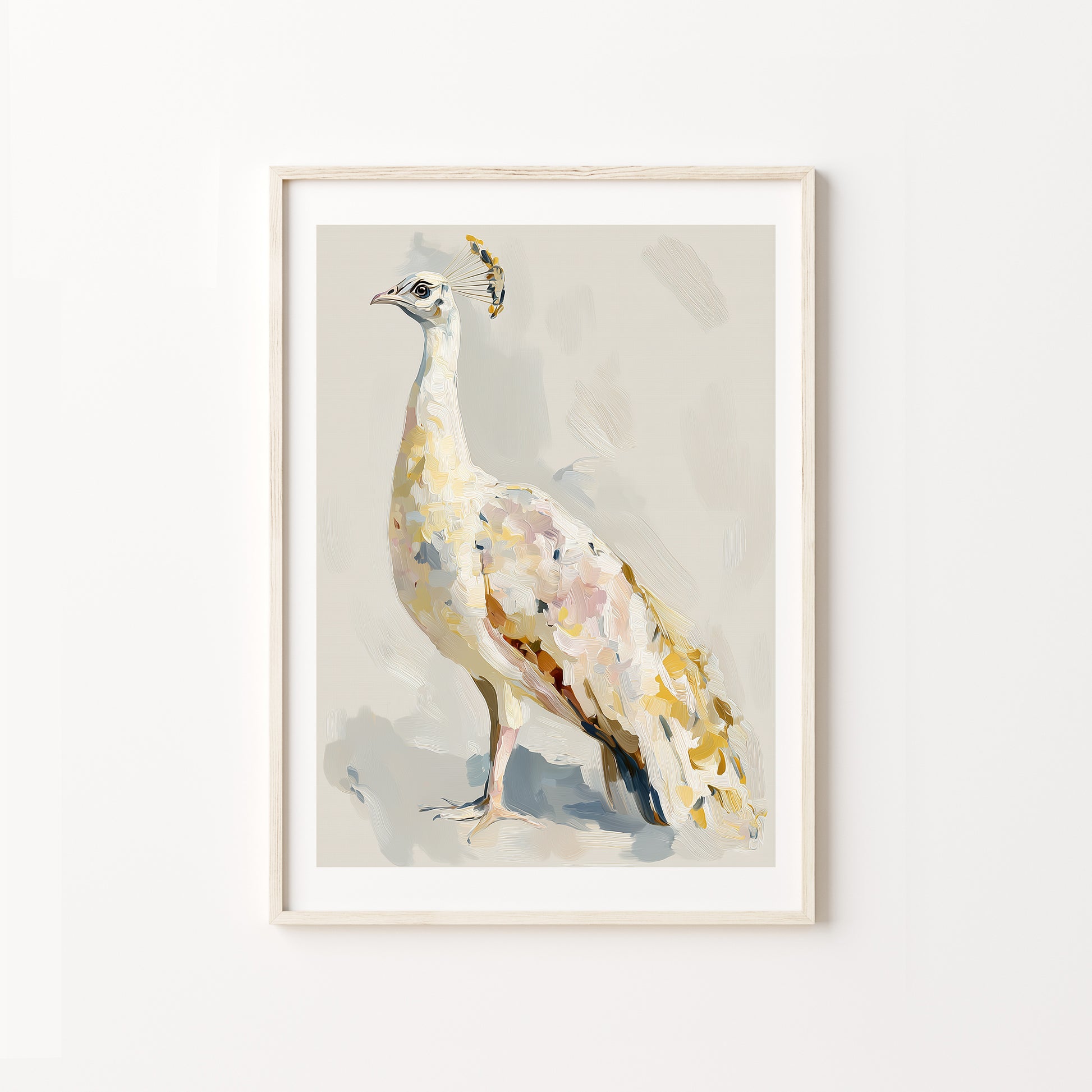 Framed artwork of a WHITE peacock on a light background