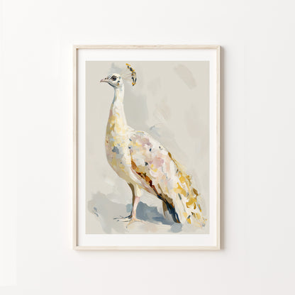 Framed artwork of a WHITE peacock on a light background