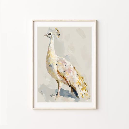 Framed artwork of a WHITE peacock on a light background
