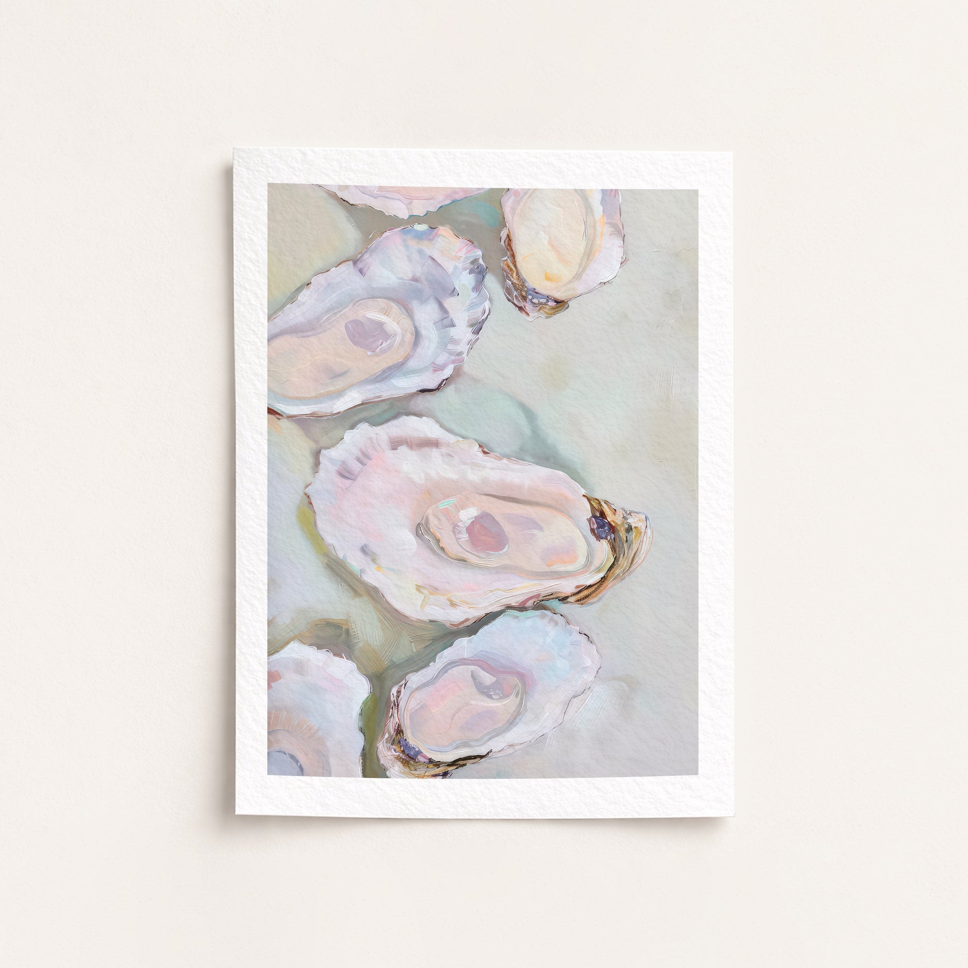 Framed artwork of oyster shells on a light background