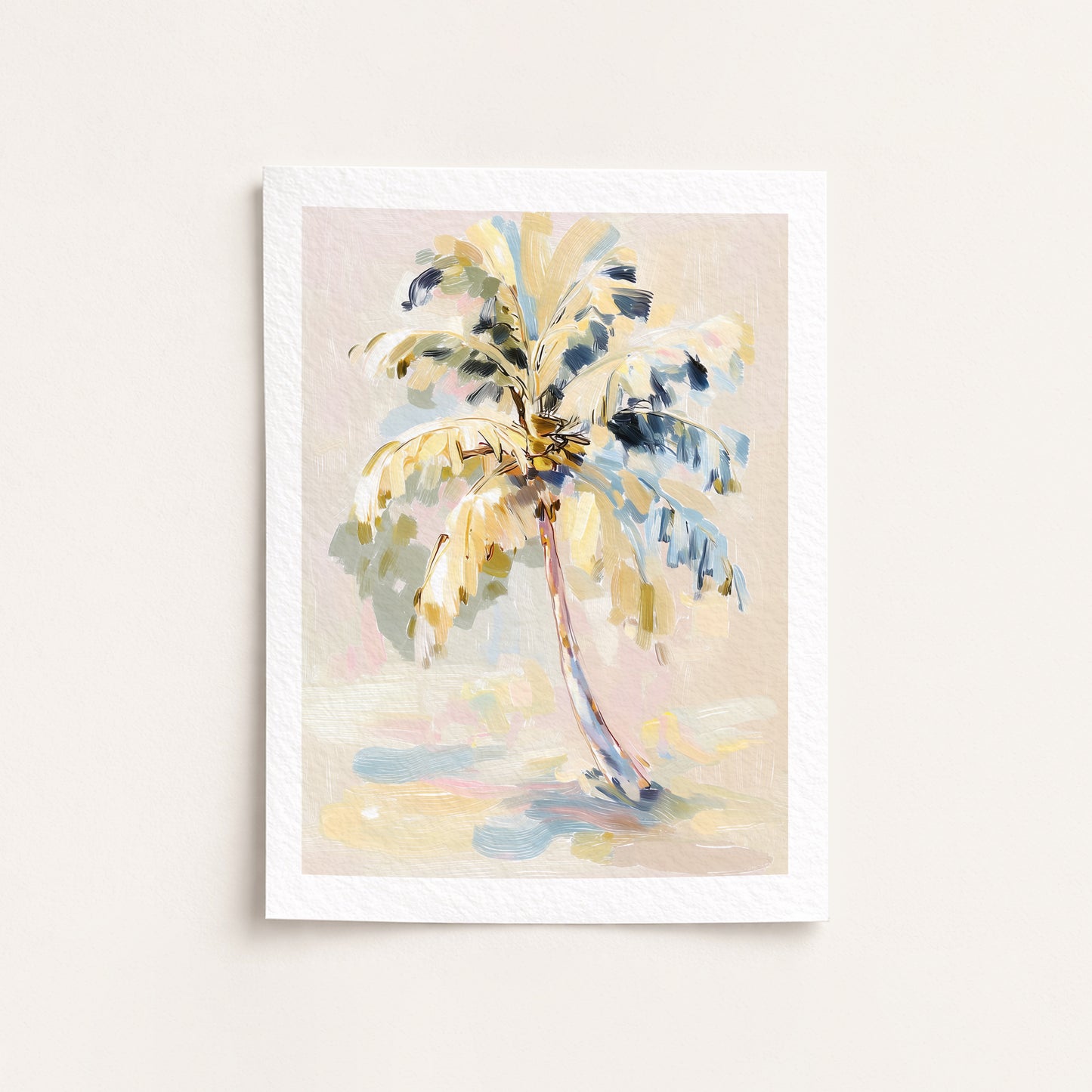 Framed artwork of a palm tree with abstract design on a light background