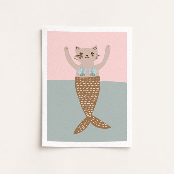 Illustration of a cat with a mermaid tail on a pink and blue background
