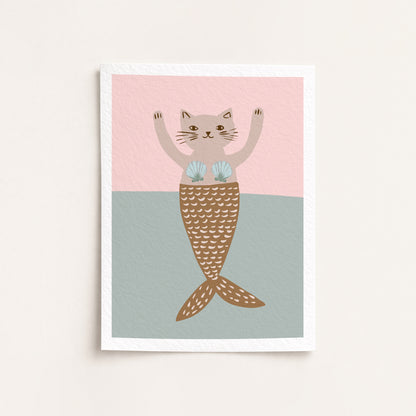 Illustration of a cat with a mermaid tail on a pink and blue background