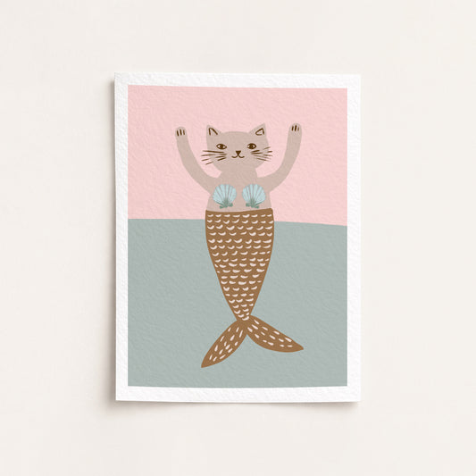 Illustration of a cat with a mermaid tail on a pink and blue background