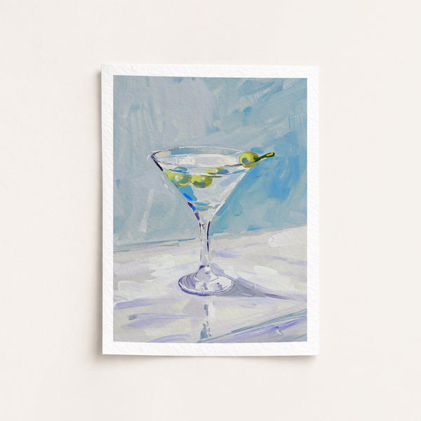 Artistic depiction of a martini glass with olives on a textured blue and white background