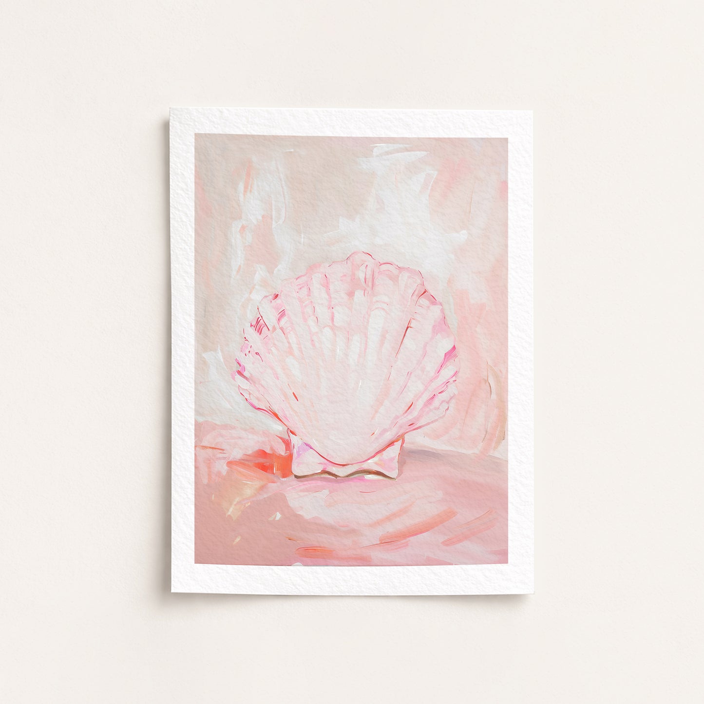 Framed artwork of a pink shell on a light background