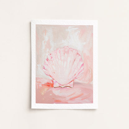 Framed artwork of a pink shell on a light background