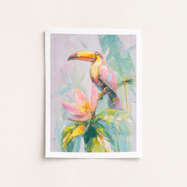 Framed artwork of a toucan on a branch with flowers and leaves.