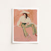 Art print of a cowgirl sitting on a pink background