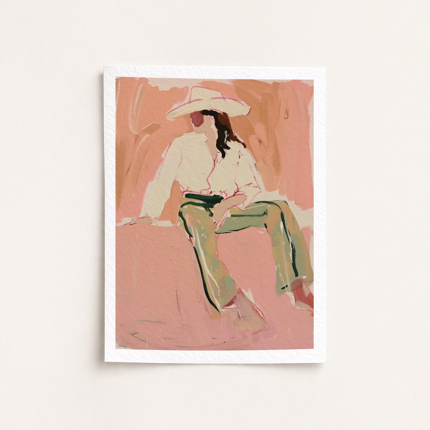 Art print of a cowgirl sitting on a pink background