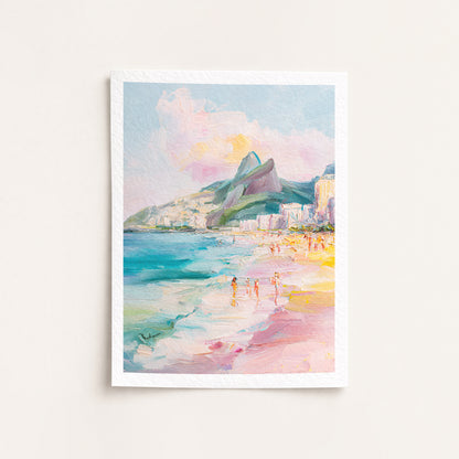 Framed artwork of a arpoador rio de janeiro brazil scene with mountains and people, on a white background