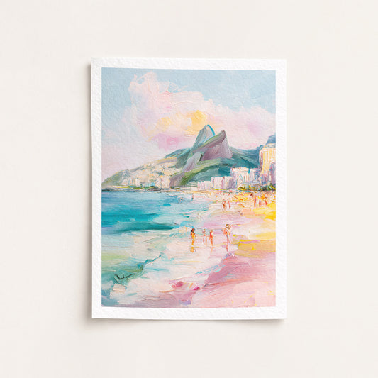 Framed artwork of a arpoador rio de janeiro brazil scene with mountains and people, on a white background