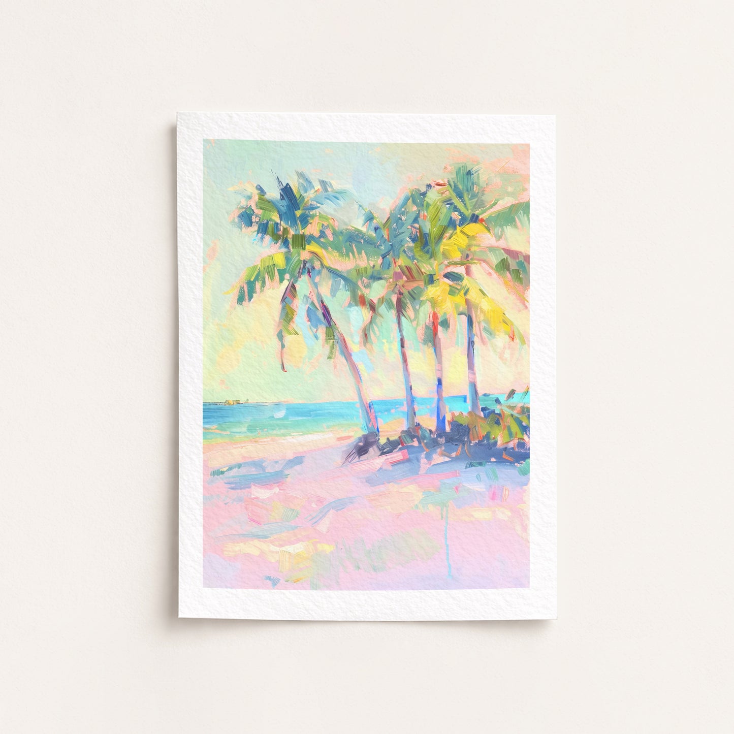 Framed artwork of a tropical beach scene with palm trees on a white background