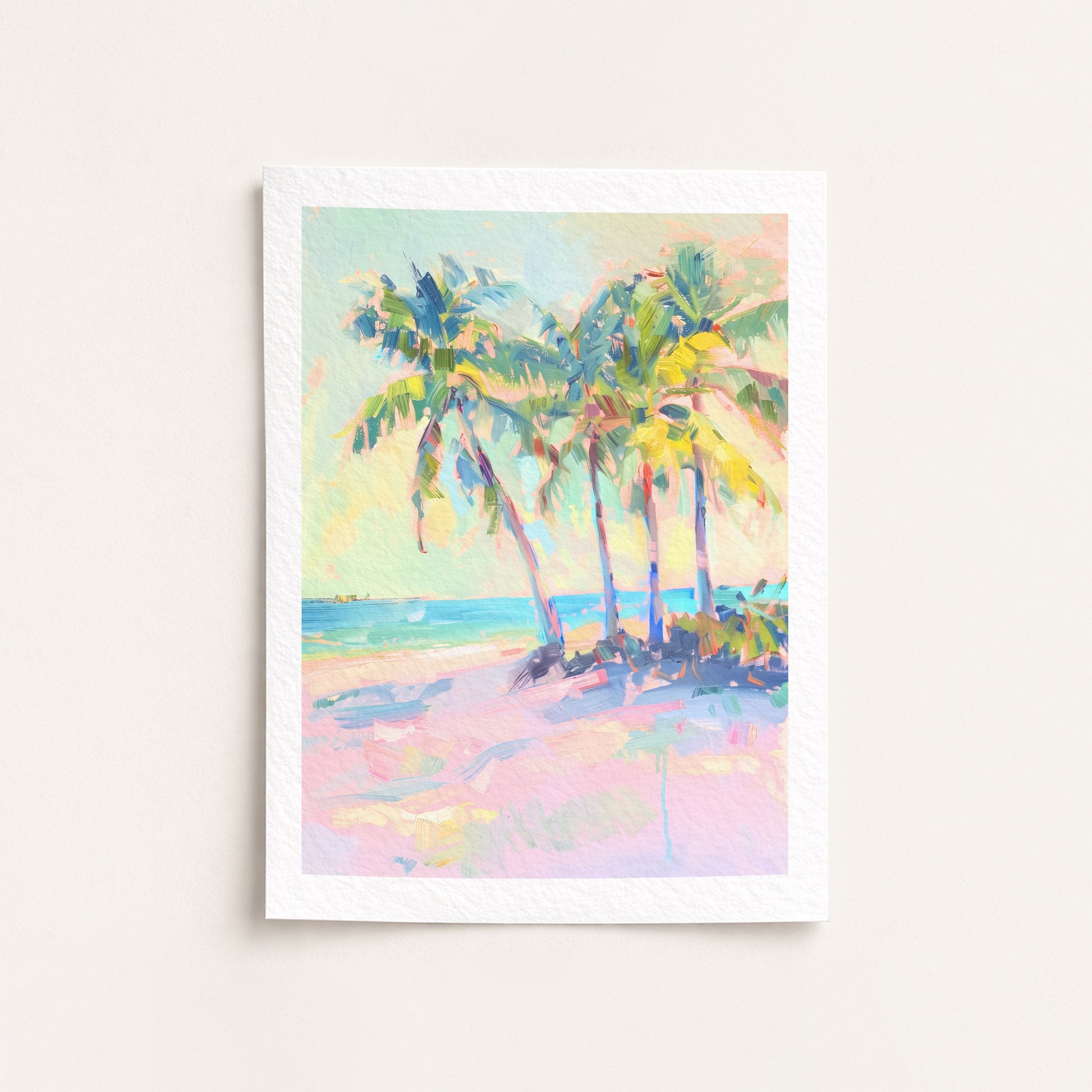 Framed artwork of a tropical beach scene with palm trees on a white background