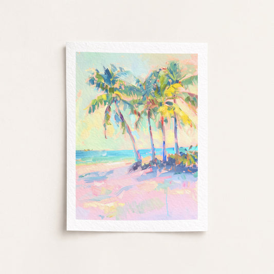 Framed artwork of a tropical beach scene with palm trees on a white background