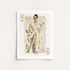 Queen of hearts Playing card with a queen in a robe and sunglasses, framed as artwork.