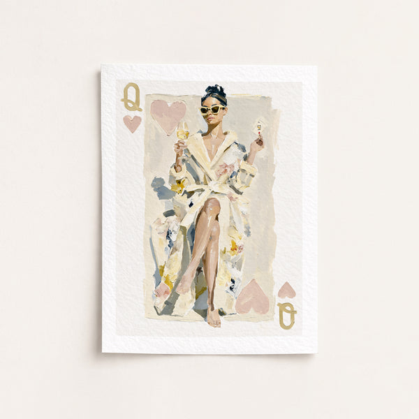 Queen of hearts Playing card with a queen in a robe and sunglasses, framed as artwork.