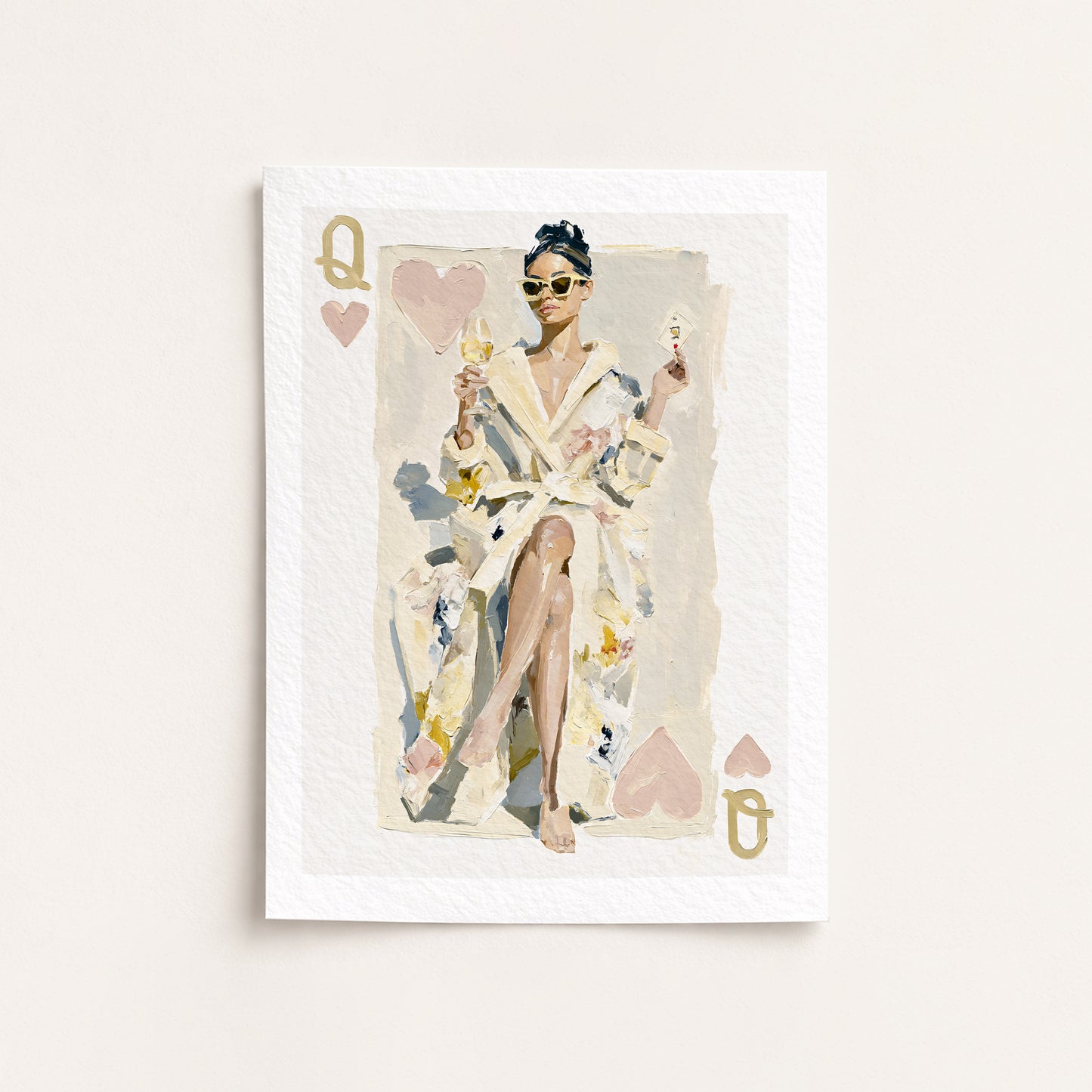 Queen of hearts Playing card with a queen in a robe and sunglasses, framed as artwork.