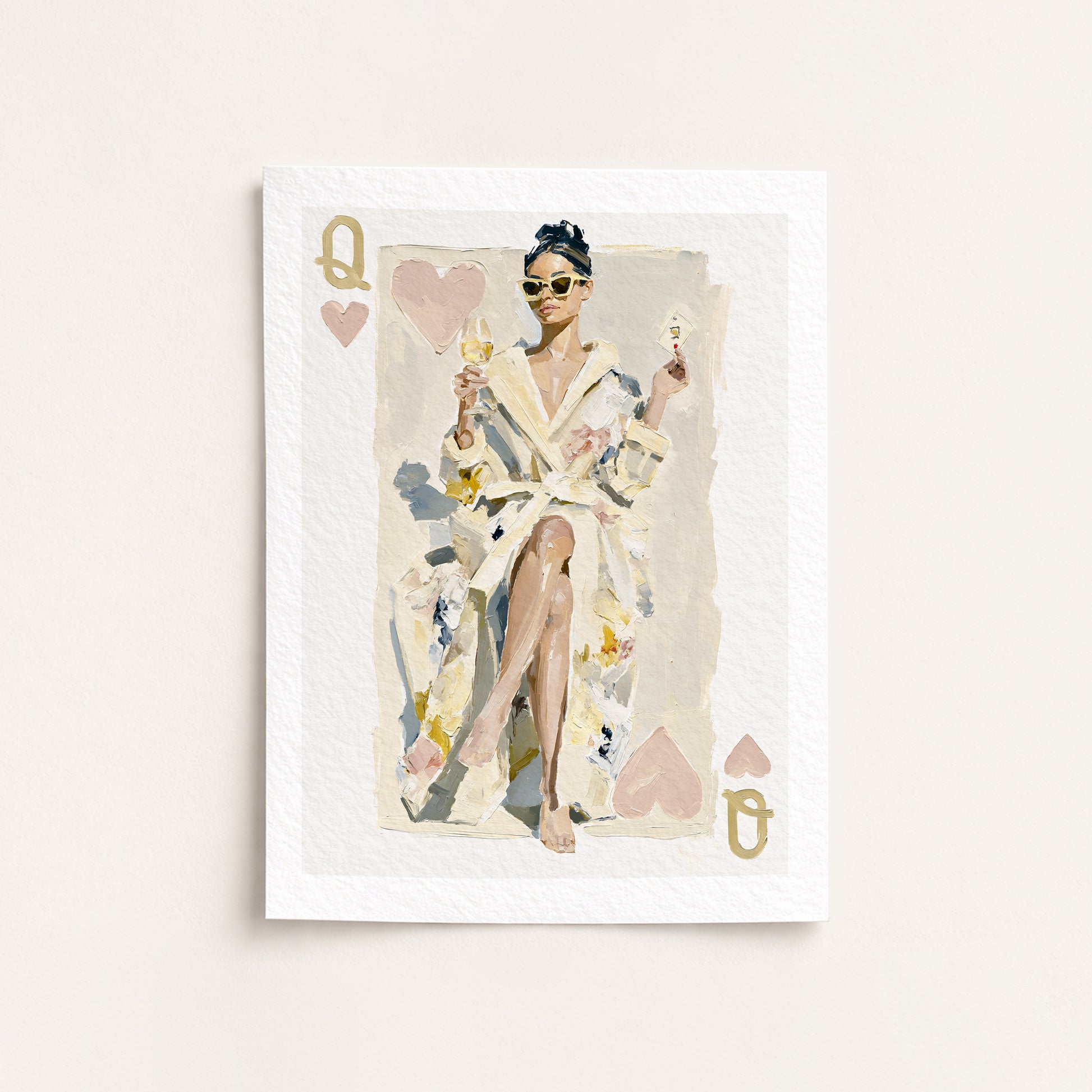 Queen of hearts Playing card with a queen in a robe and sunglasses, framed as artwork.