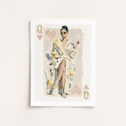 Queen of hearts Playing card with a queen in a robe and sunglasses, framed as artwork.