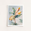 Framed watercolor painting of a tropical plant with pink and yellow flowers on a light background banana tree date tree
