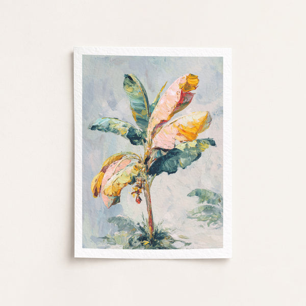 Framed watercolor painting of a tropical plant with pink and yellow flowers on a light background banana tree date tree