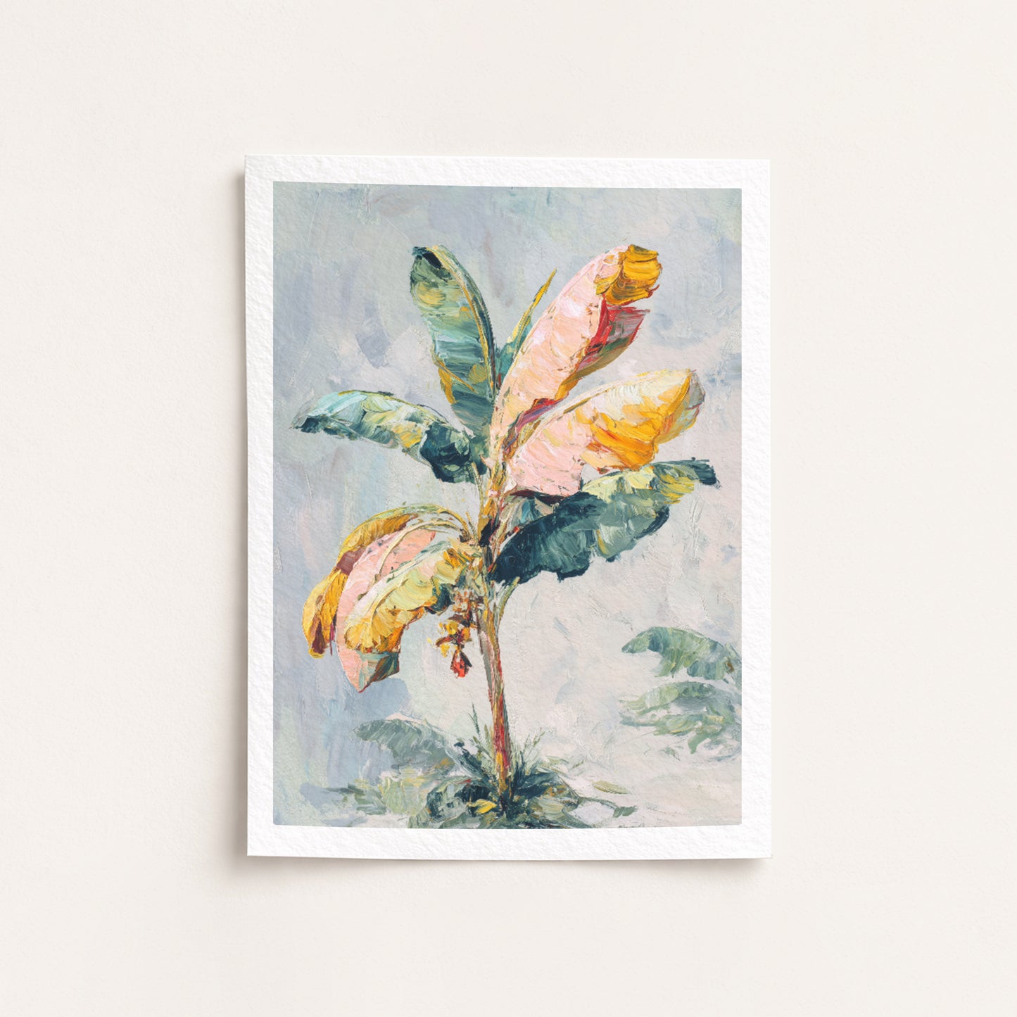 Framed watercolor painting of a tropical plant with pink and yellow flowers on a light background banana tree date tree
